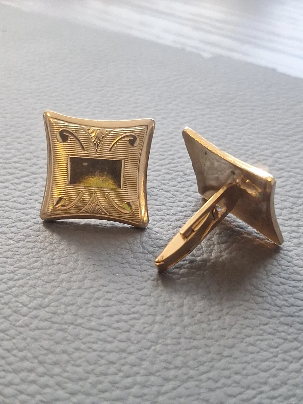 Vintage Men's Gold Tone Cufflinks Engraved Art Deco Style Square Stamped S